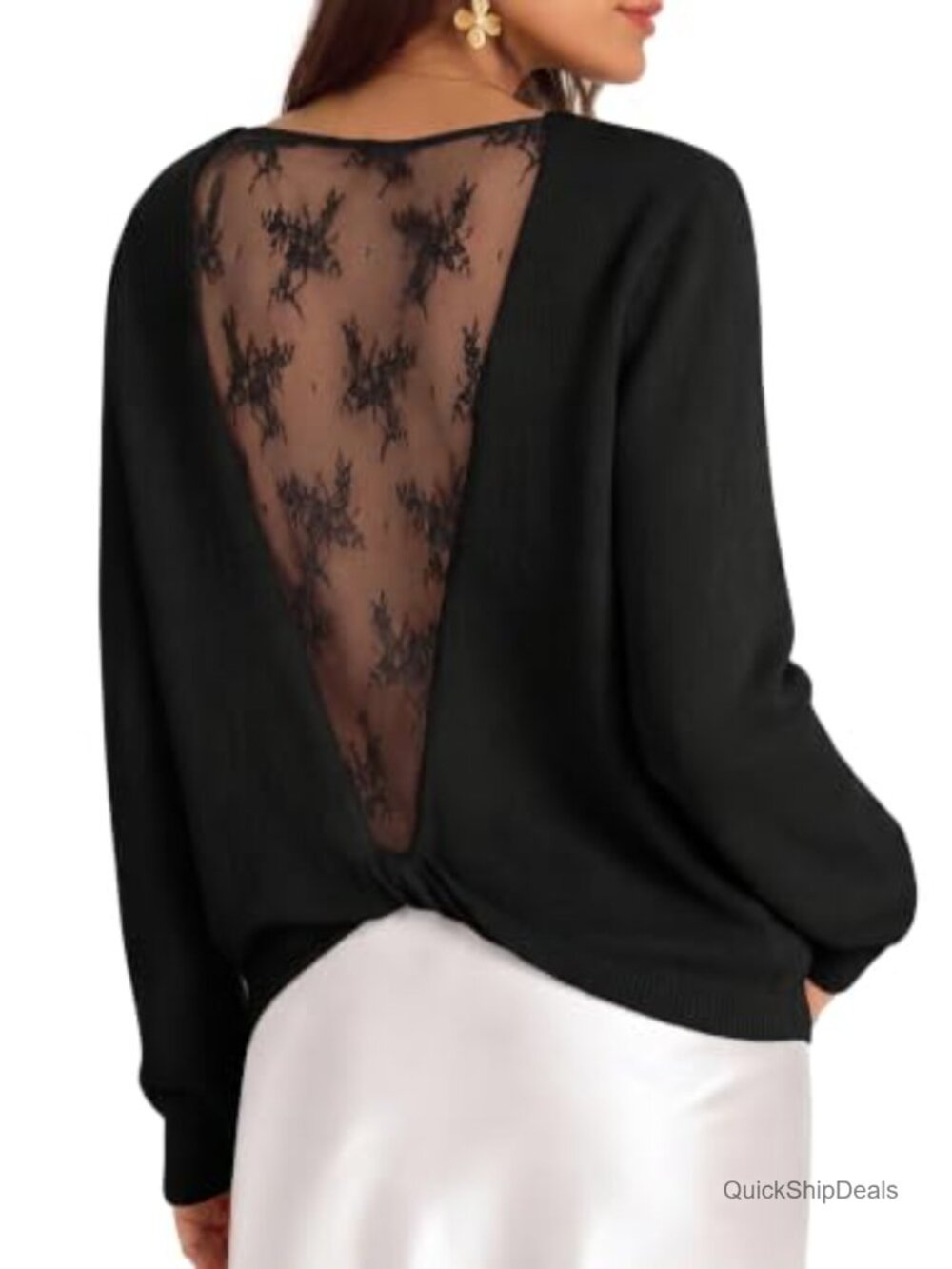 Womens Lace Back Long Sleeve Knit Sweater Top Crew Neck Twist Back Pullover